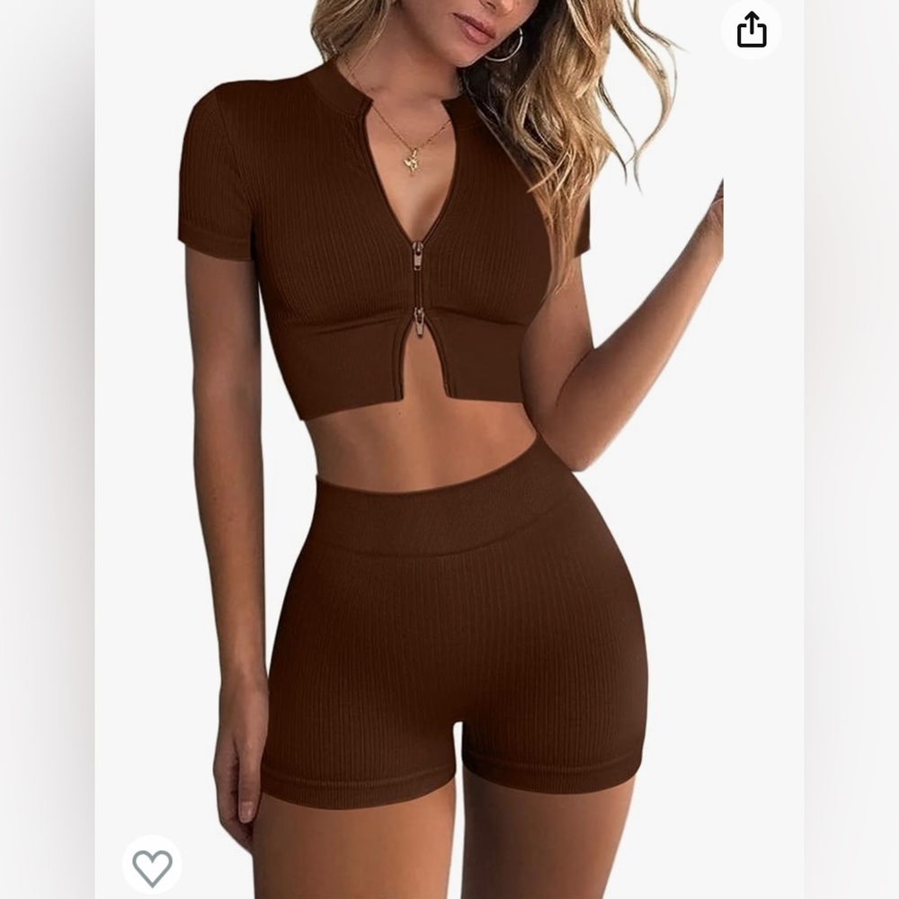 Brown 2 Piece Workout Set: Zipper Crop Top Seamless High Waist Short, Size: MED